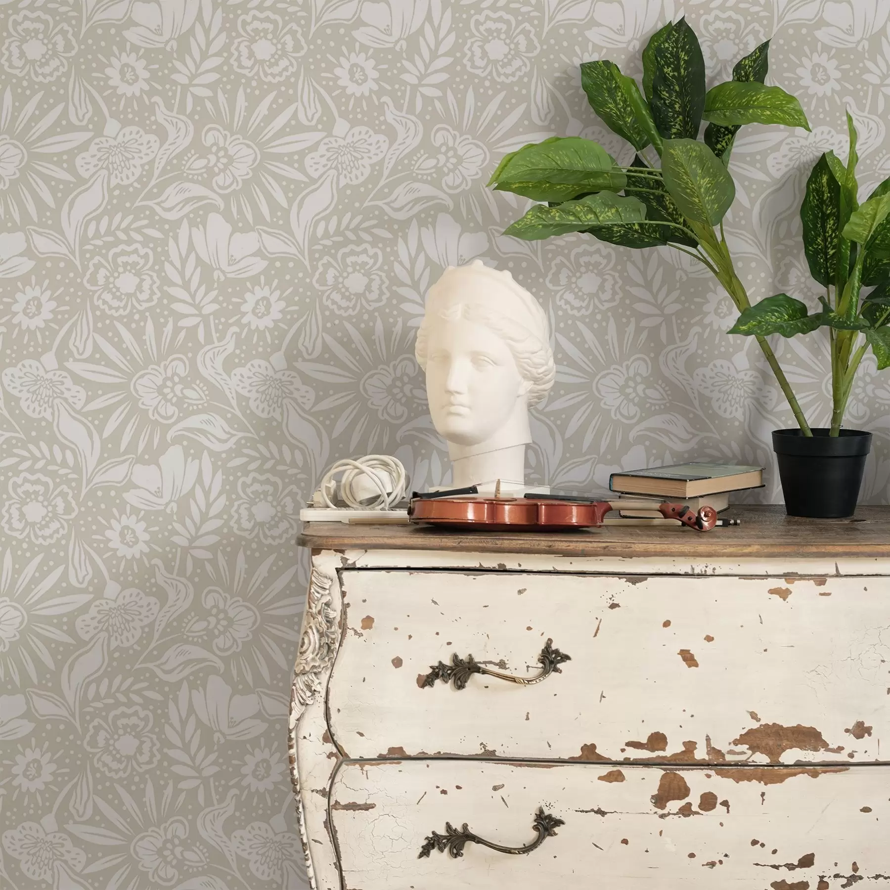 Fototapeedid Valge lineaarne lilleornament beežil taustal a00956