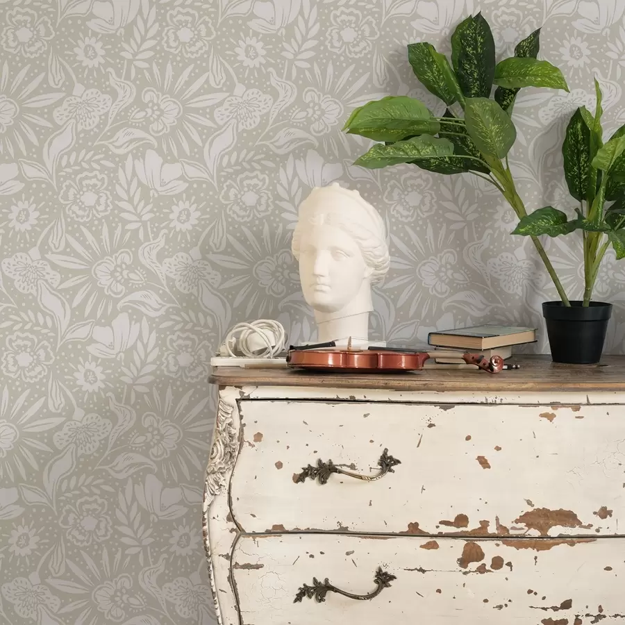 Fototapeedid Valge lineaarne lilleornament beežil taustal a00956