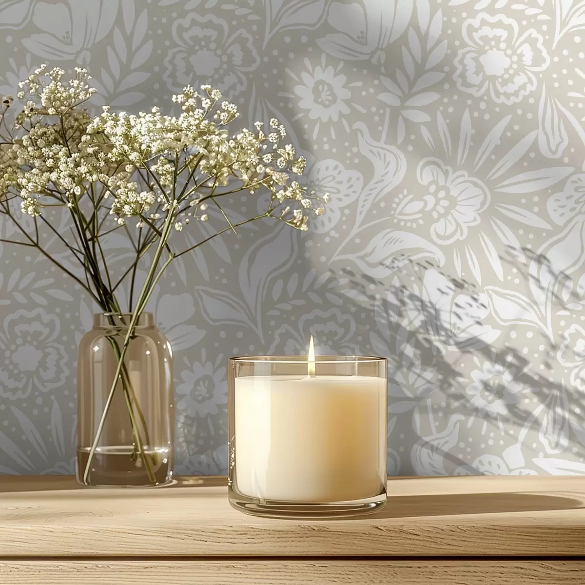 Tapeet Valge lineaarne lilleornament beežil taustal a00956