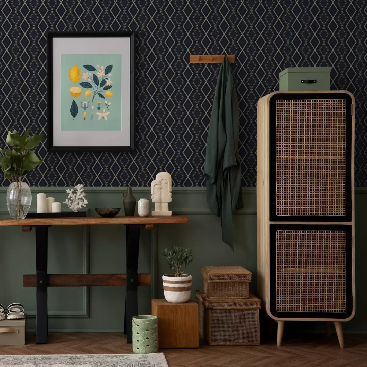 Tapeet Tume sinine rombikujuline võre õhukeste heledate joontega a00975