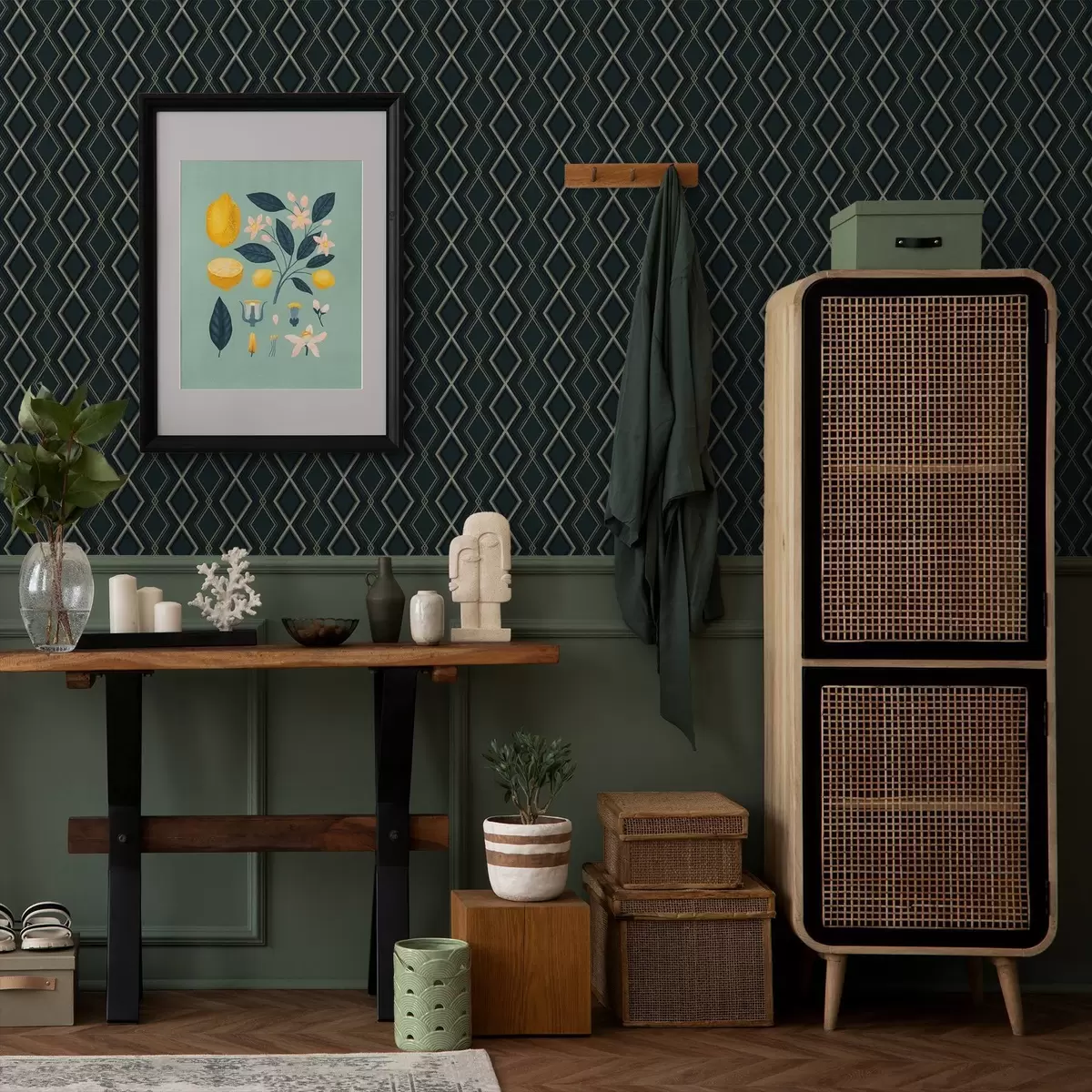 Tapeet Tume sinakasroheline taust korduva rombikujulise võrgustikuga a00975v1