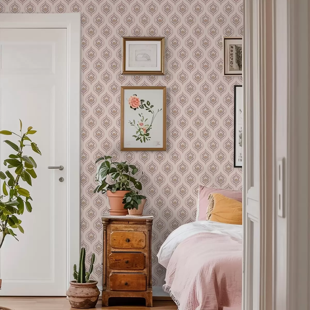 Tapeet Rütmiline tilkumotiiv lillega puudritoosel taustal a00977