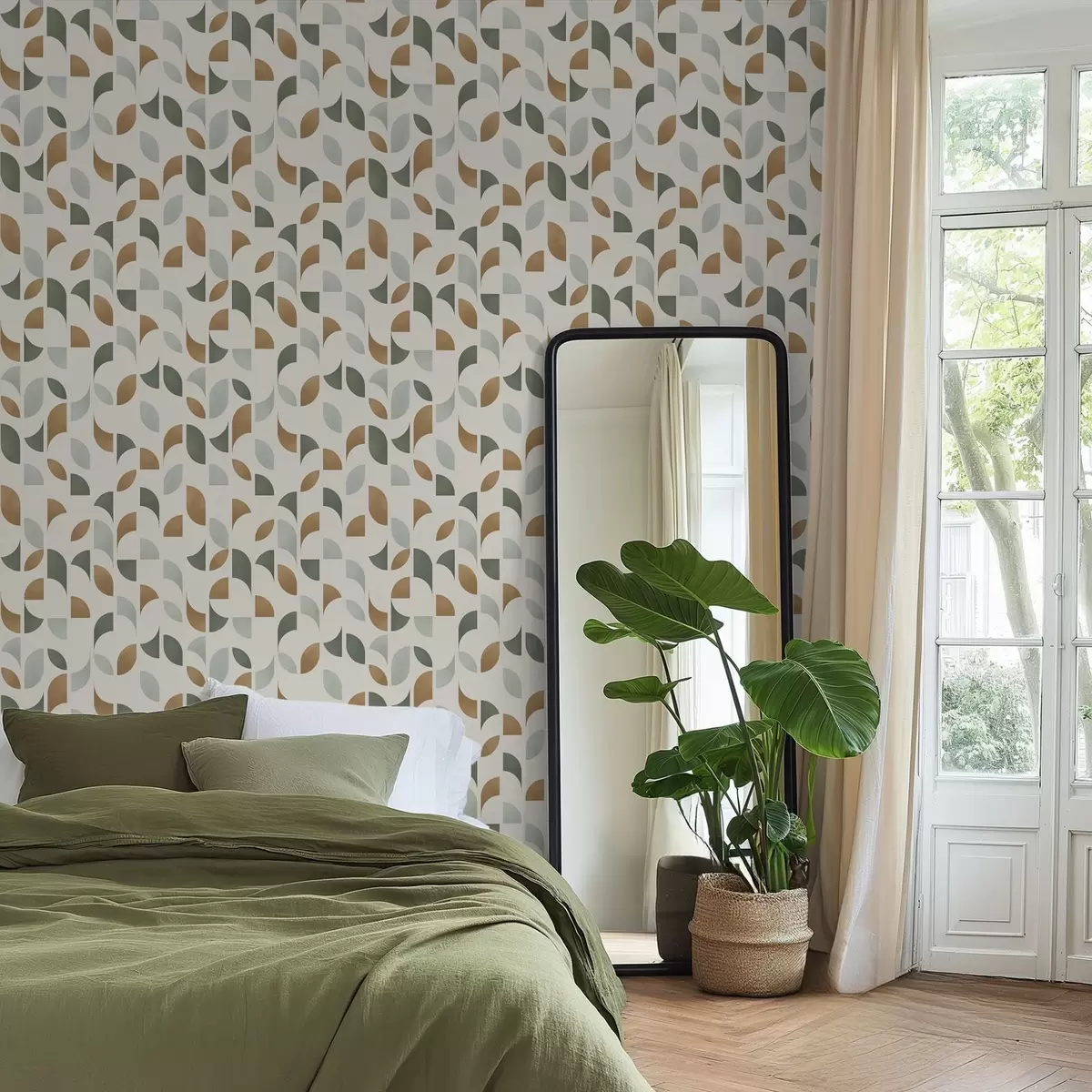 Tapeet Abstraktsed poolringid ja lehed rohelises ja terrakota värvitoonis a00985