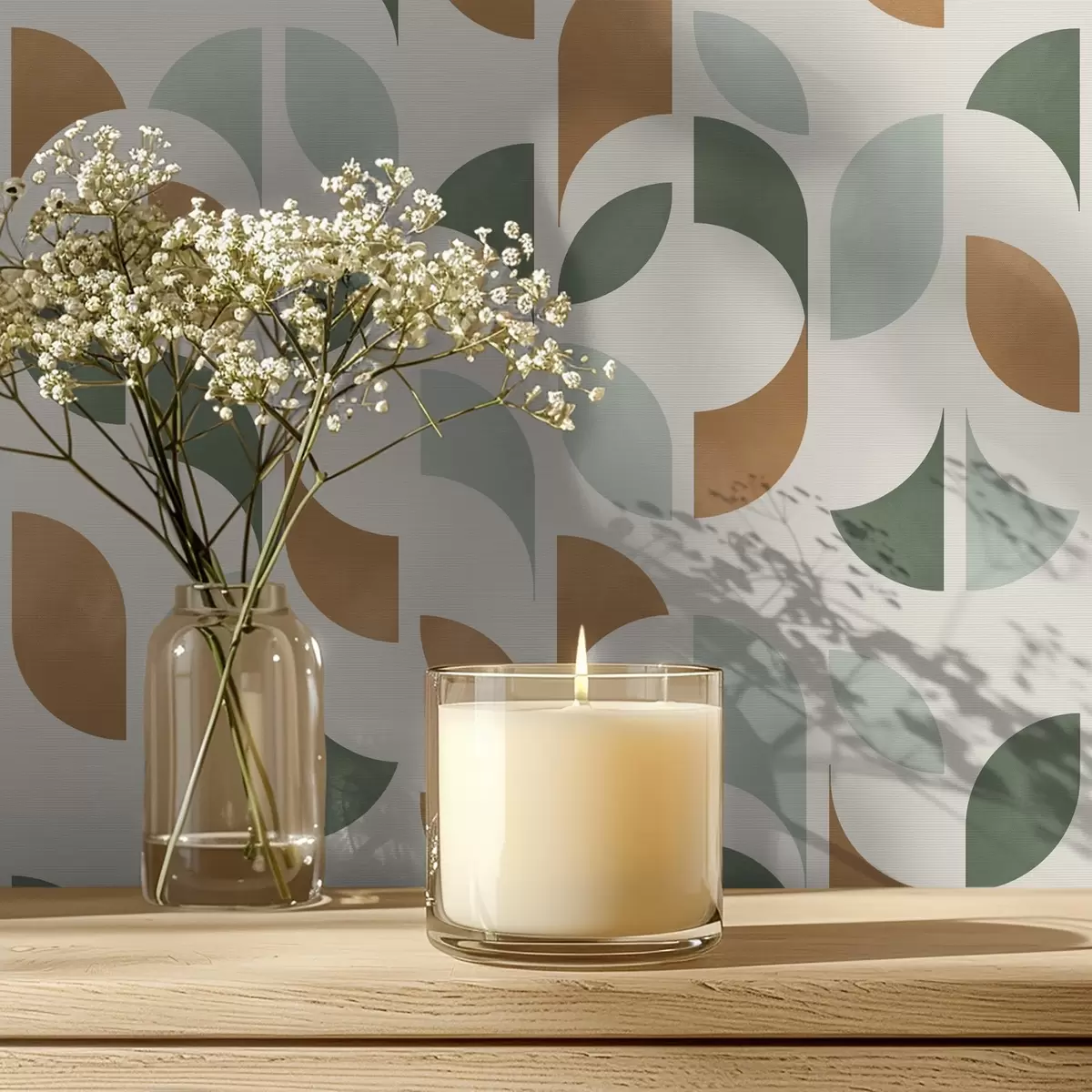 Tapeet Vertikaalsed poolringide ja lehtede sambad, roheline-terrakotta a00986