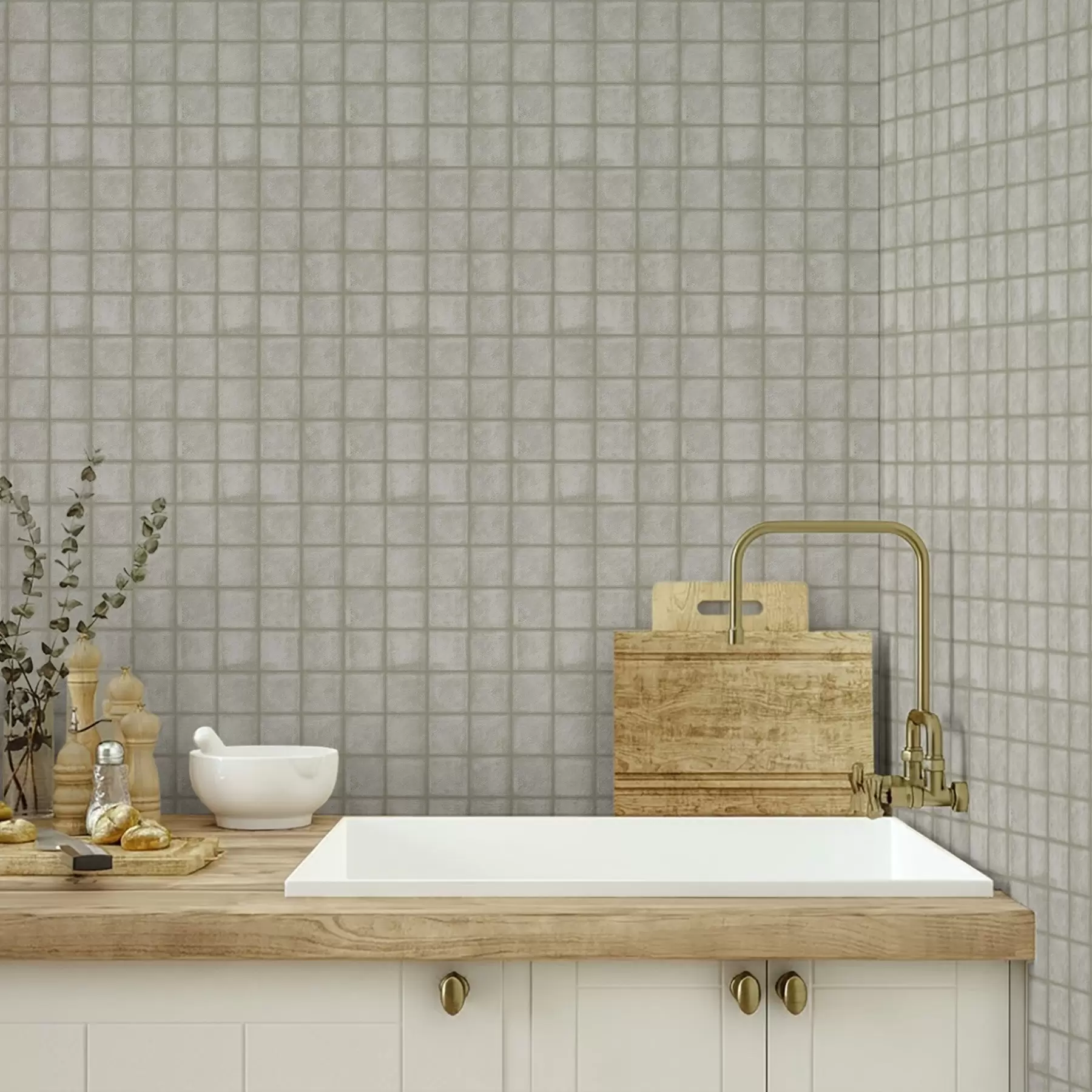 Fototapeedid Ruudukujuliste plaatide imitatsioon pehmes hallikasrohelises värvipalettis a00988