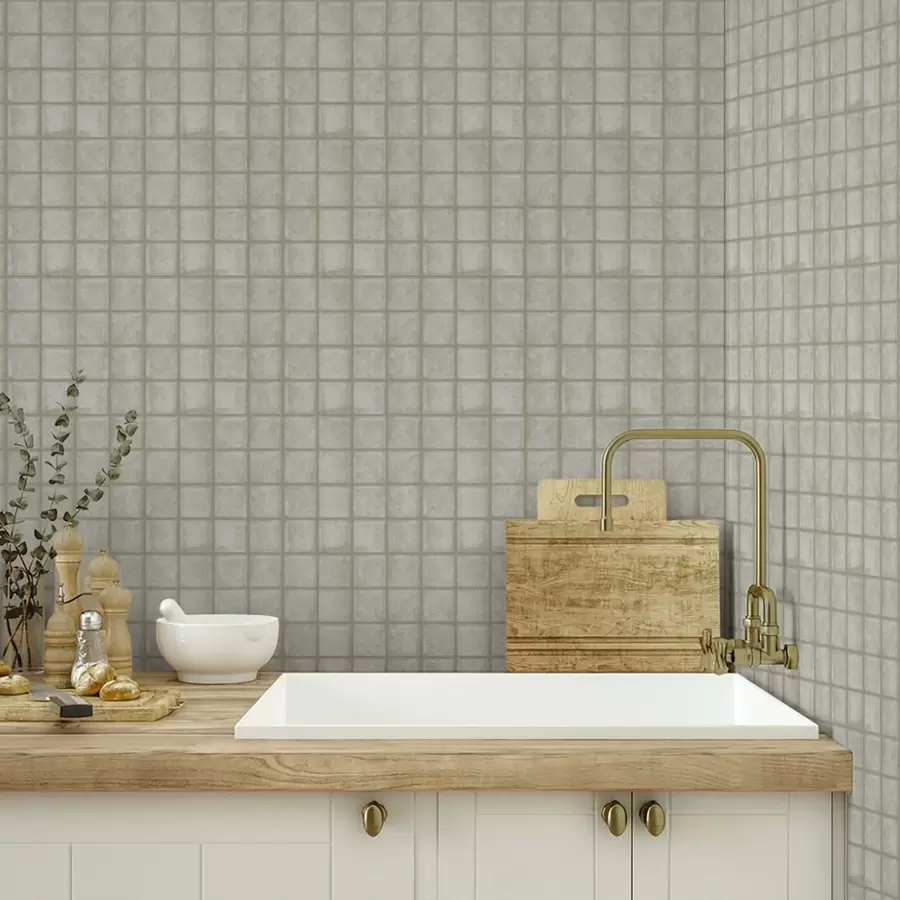 Fototapeedid Ruudukujuliste plaatide imitatsioon pehmes hallikasrohelises värvipalettis a00988