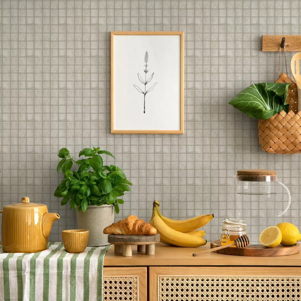 Tapeet Ruudukujuliste plaatide imitatsioon pehmes hallikasrohelises värvipalettis a00988