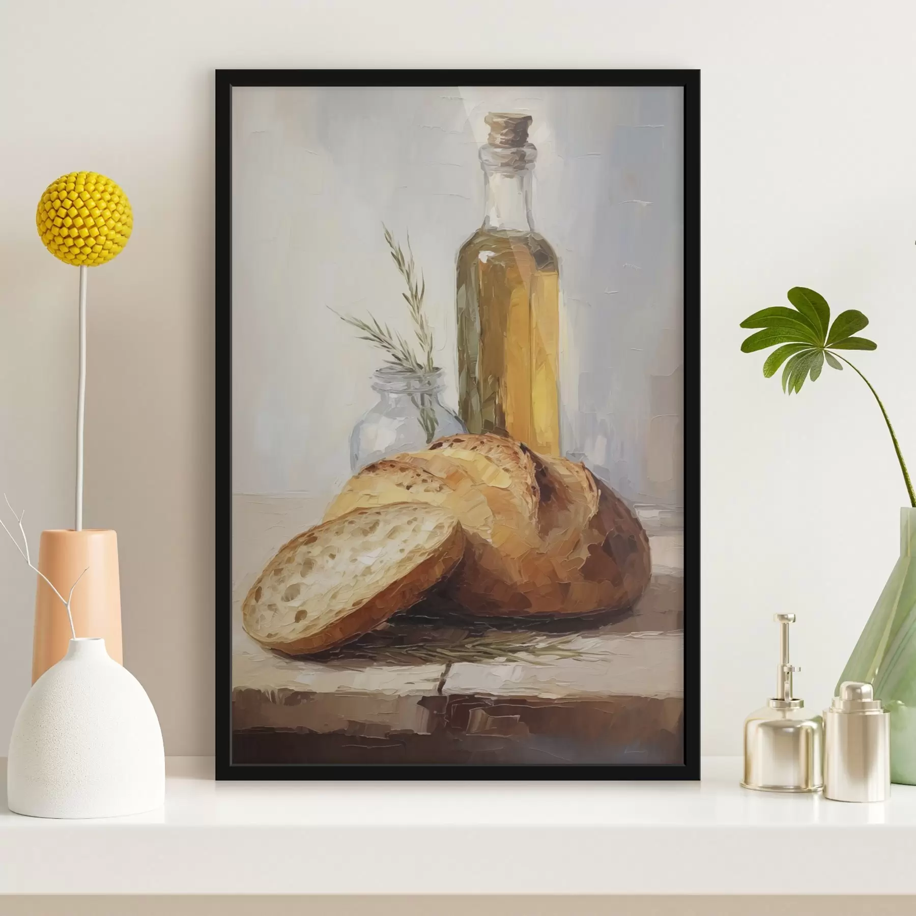 Fototapeedid Leib ja pudel õli, imitatsioonmaal f46759