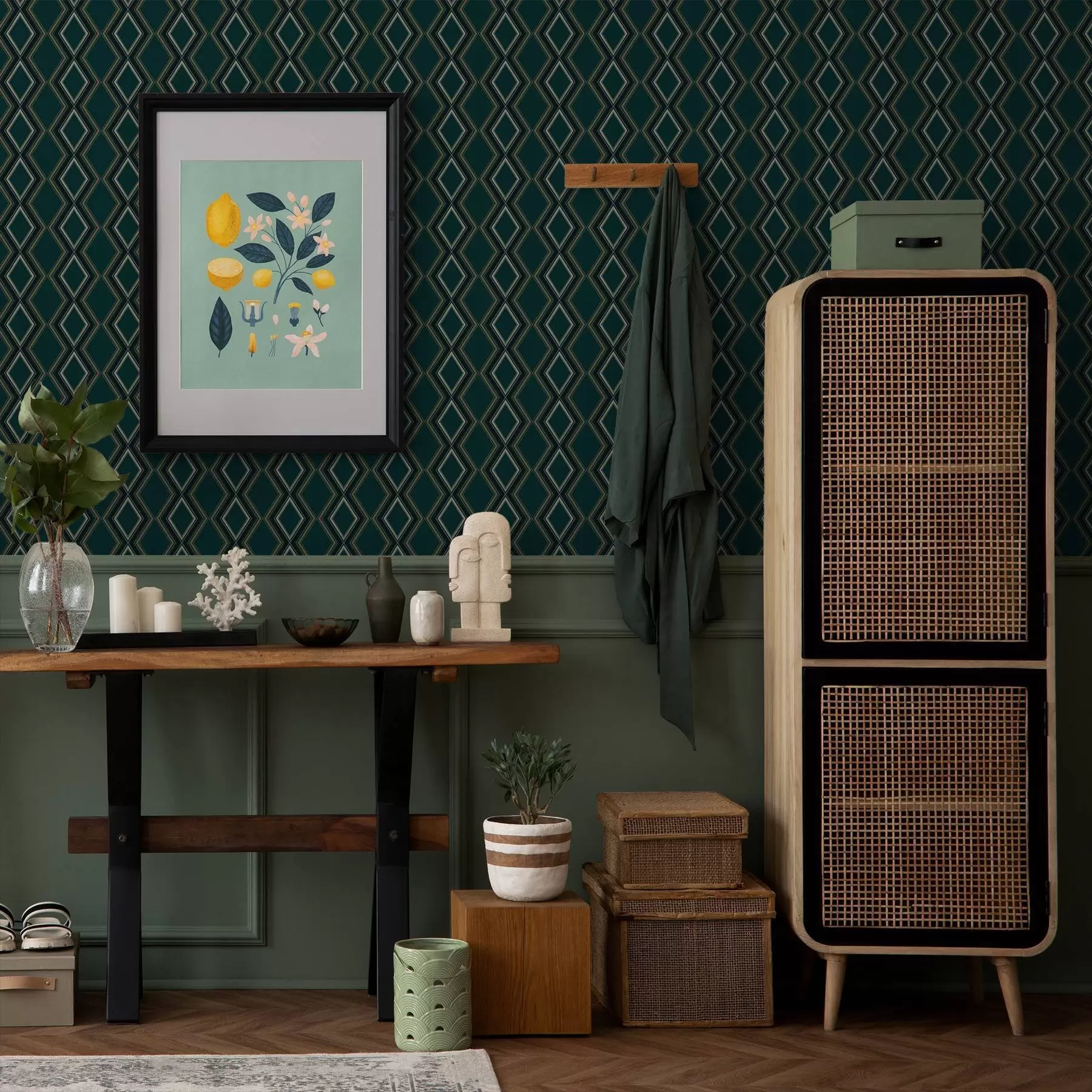 Fototapeedid Tume sinakasroheline taust vertikaalsete rombide ridadega a00976