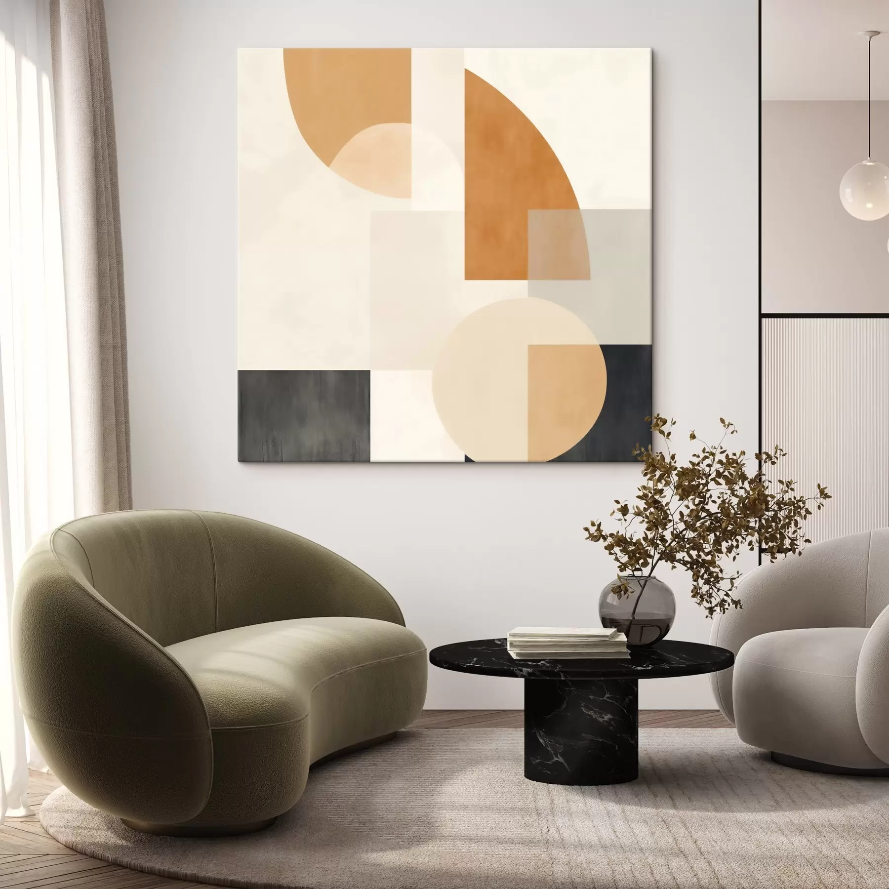 Pilt Kunstiline geomeetria, mis ühendab ümarad ja sirged kujundid s46665