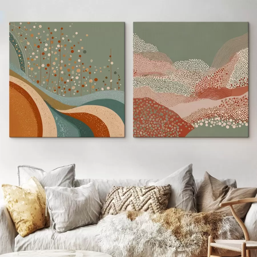 Pilt Kaheosaline abstraktne maastik punktiir- ja laineliste elementidega m00987