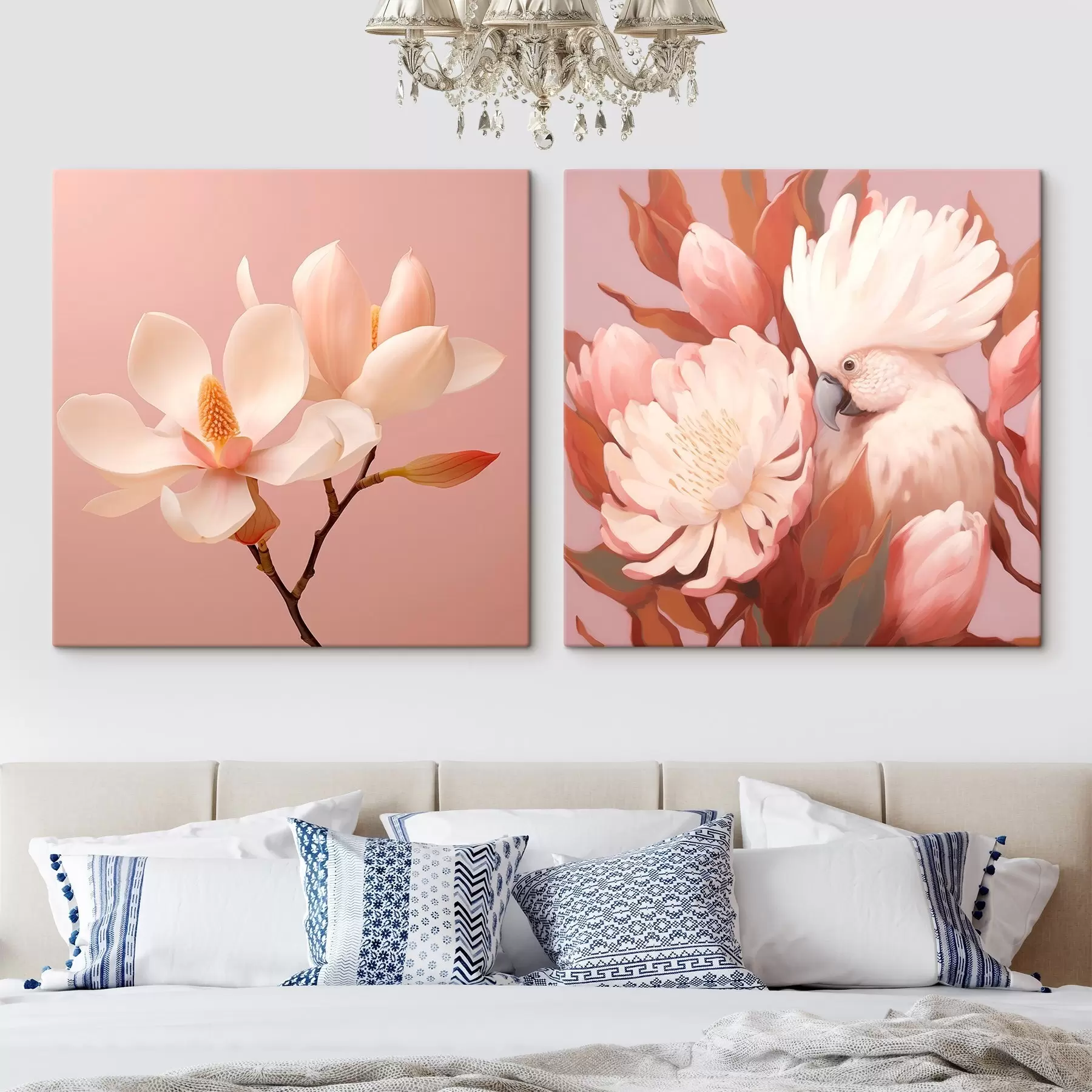 Pilt Kunstilise illustratsioonistiilis lillekompositsioon linnuga m00994