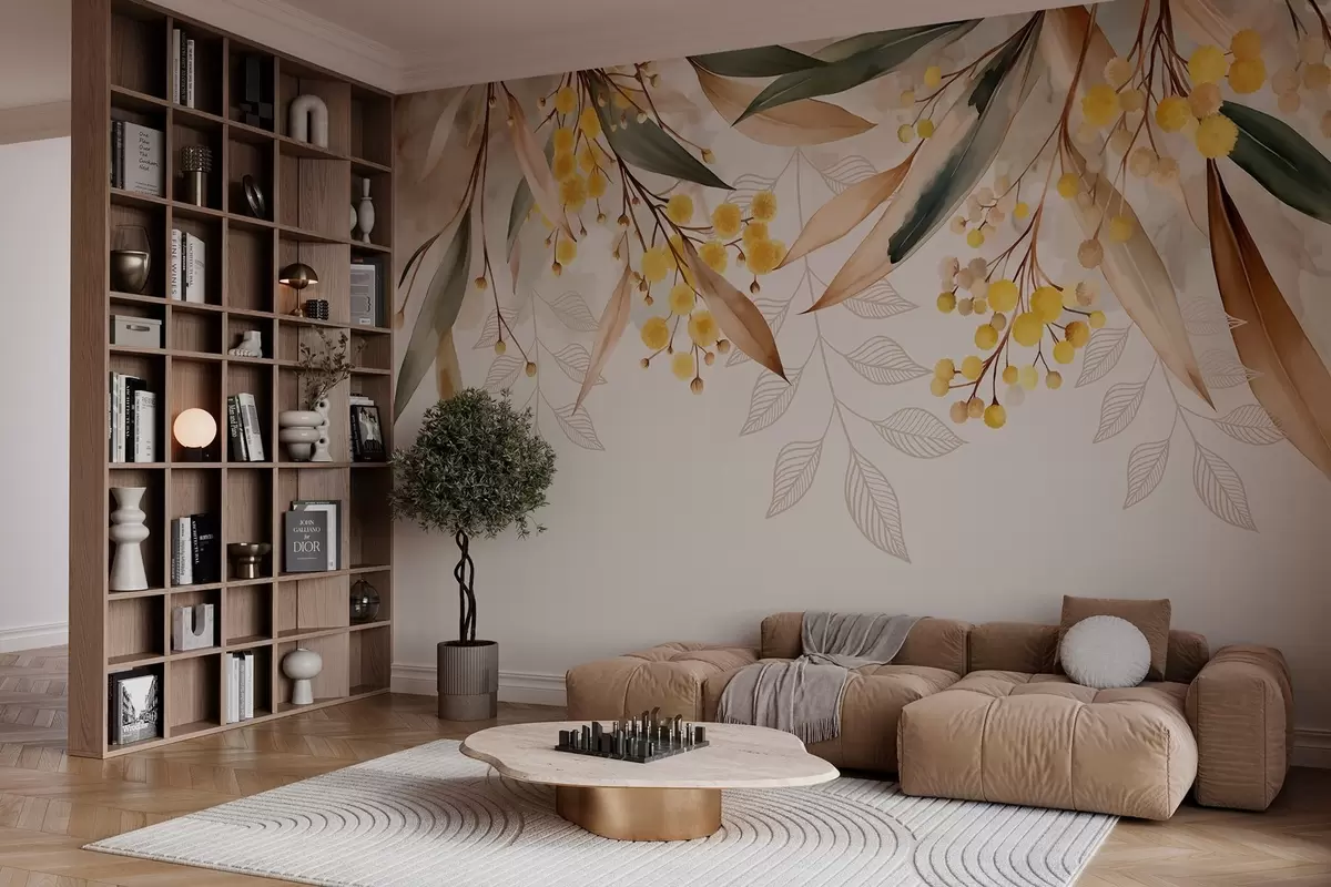 Fototapeedid akvarellistiilis ülalt langevad mimoosa õied ja lehed w04880