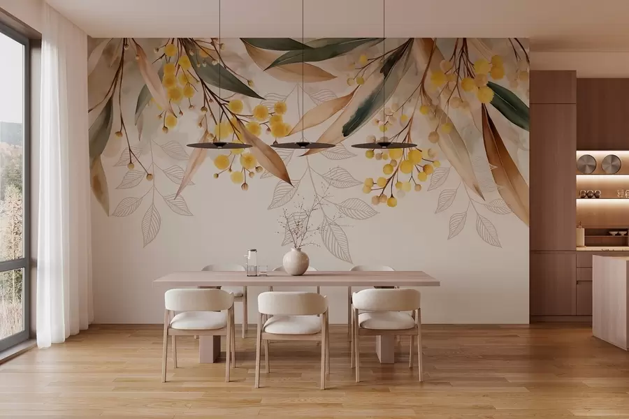 Fototapeedid akvarellistiilis ülalt langevad mimoosa õied ja lehed w04880