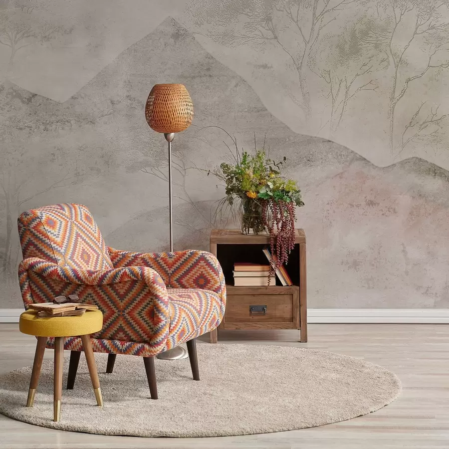 Fototapeedid Pehmed pastelltoonidega mäed ja puud kerges udus w04954