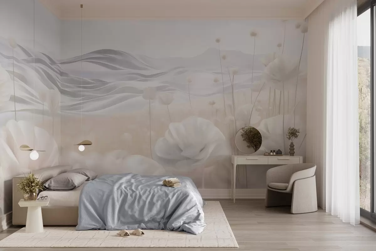 Fototapeedid Tekstuuriga kreemikas moonide väli, künklike mägedega helesinise taeva all, pehmetes pilvedes, pastelltoonides w09553