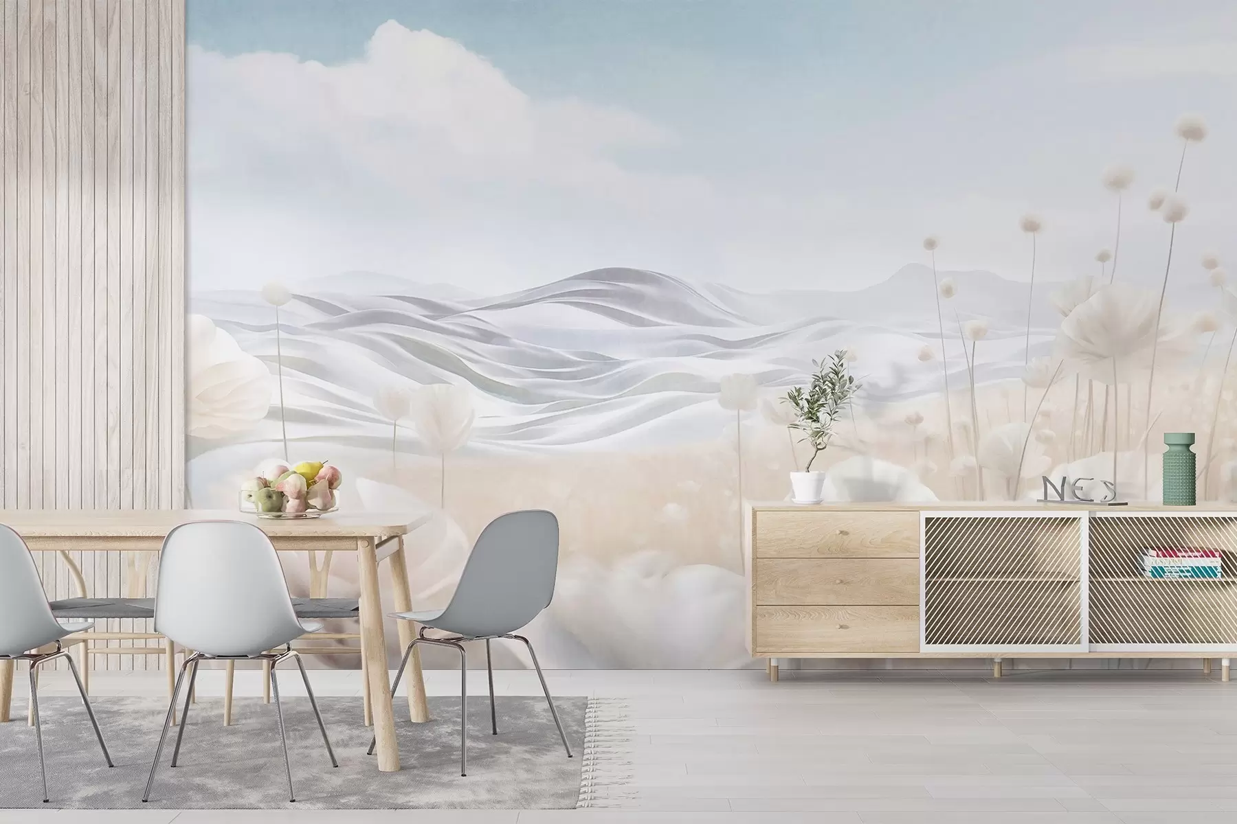 Fototapeedid Tekstuuriga kreemikas moonide väli, künklike mägedega helesinise taeva all, pehmetes pilvedes, pastelltoonides w09553