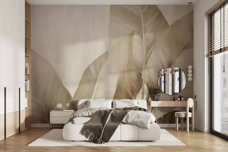 Fototapeedid Tekstuuriga suured, helepruunid banaanilehed helebeeži taustal, pehme ja minimalistliku esteetikaga w09586