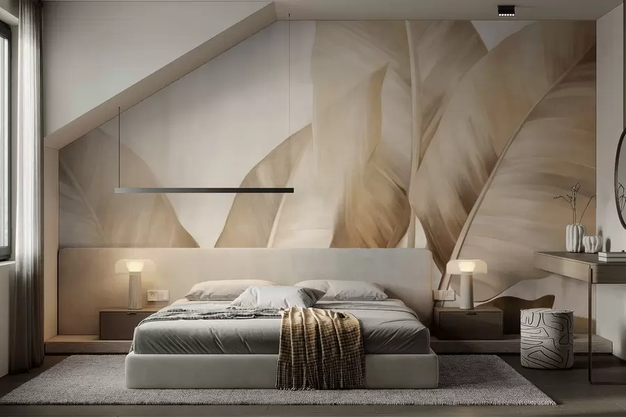 Fototapeedid Tekstuuriga suured, helepruunid banaanilehed helebeeži taustal, pehme ja minimalistliku esteetikaga w09586