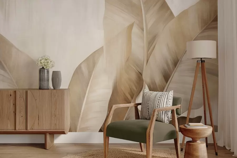 Fototapeedid Tekstuuriga suured, helepruunid banaanilehed helebeeži taustal, pehme ja minimalistliku esteetikaga w09586