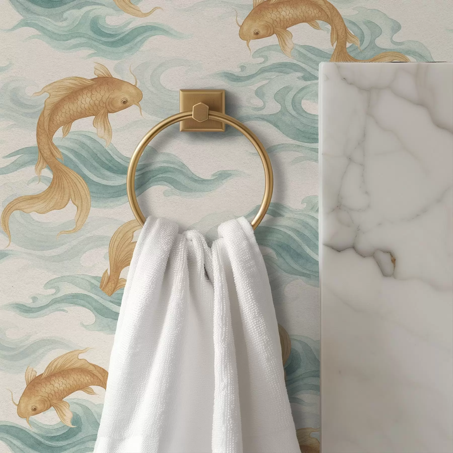 Fototapeedid Merevaigukarva koi-kala ujub pehme türkiissinise laine vahel a00894