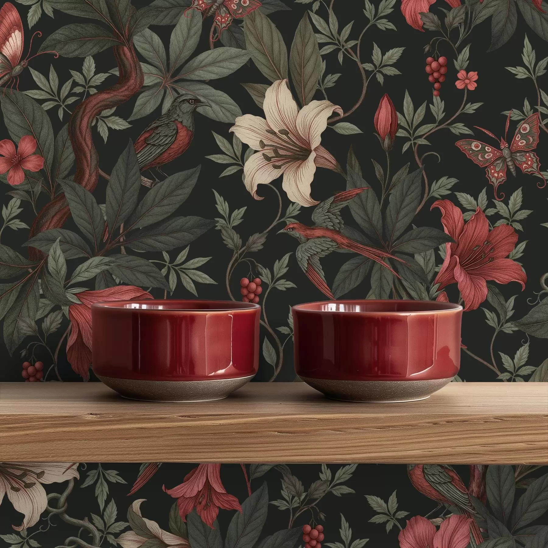 Fototapeedid Tumedad džungli lilled lindude ja liblikatega a00895