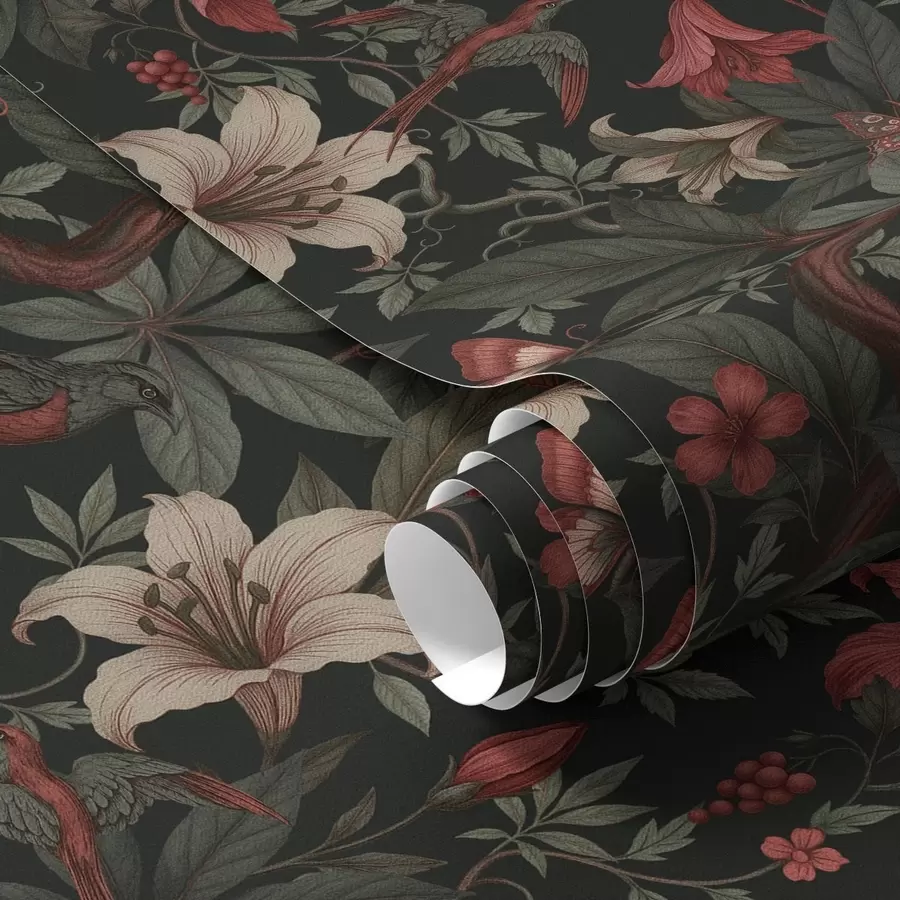 Fototapeedid Tumedad džungli lilled lindude ja liblikatega a00895