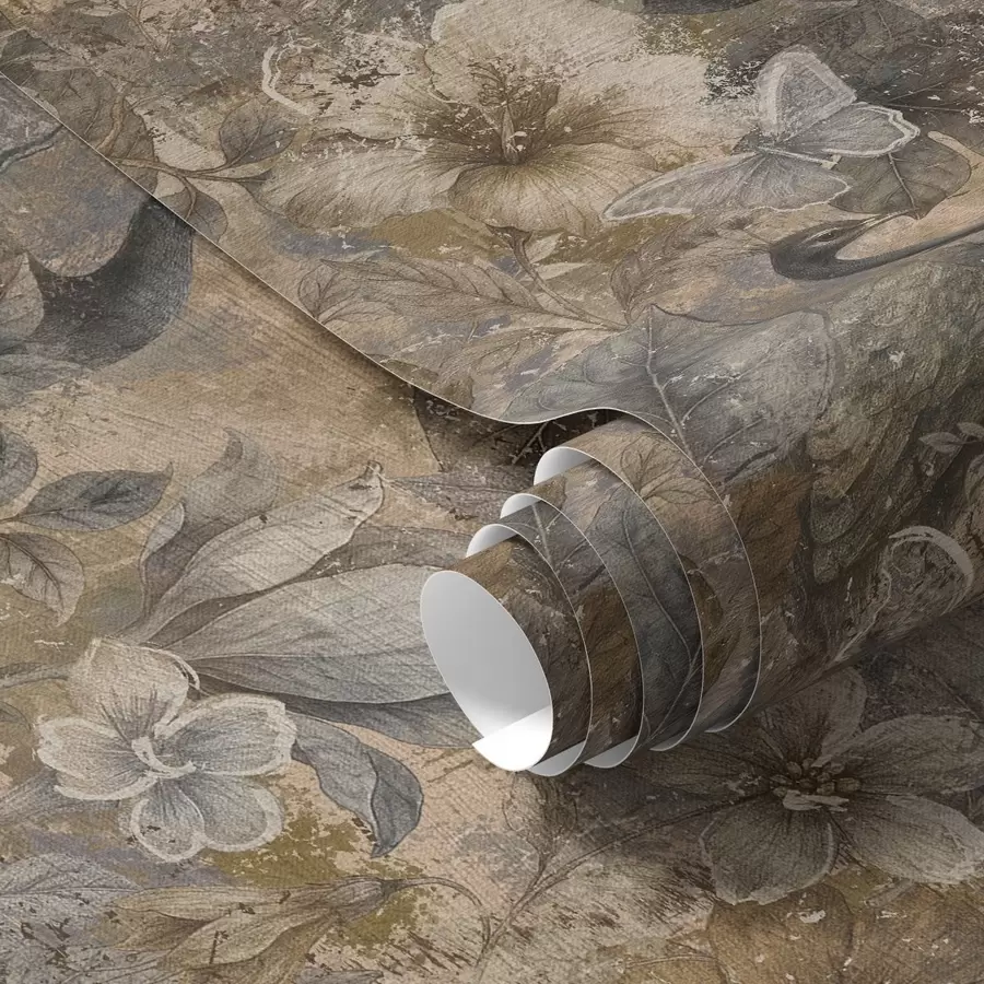 Fototapeedid Vananenud lillekollaaž paabulindude ja liblikatega a00897