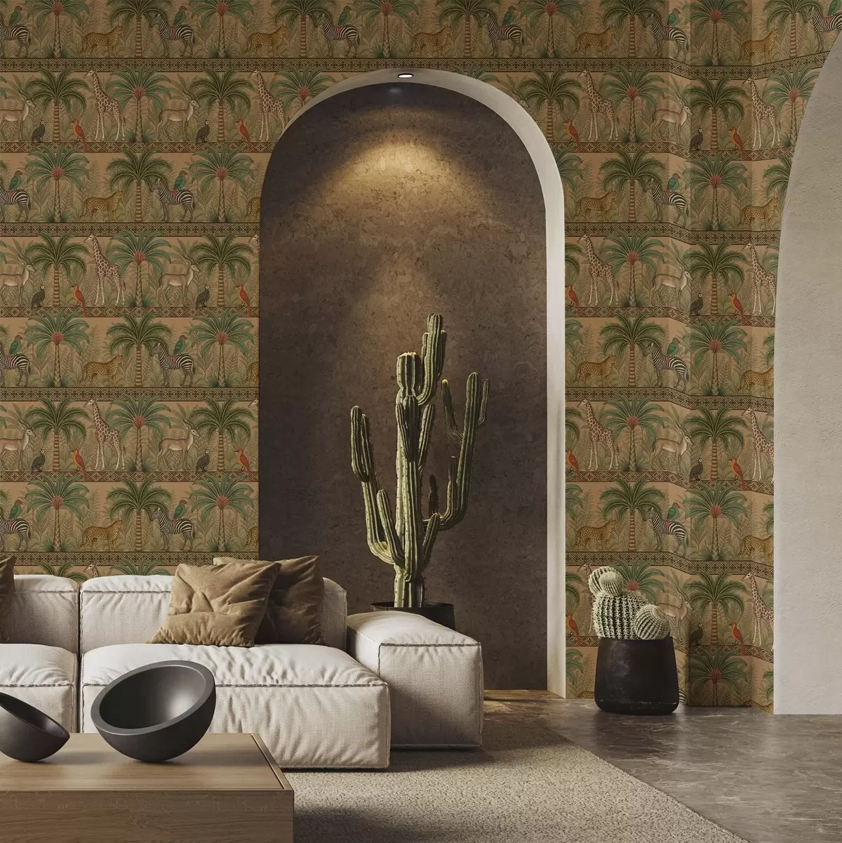 Tapeet Dekoratiivsed savanni loomad palmide ja piiride vahel a00898