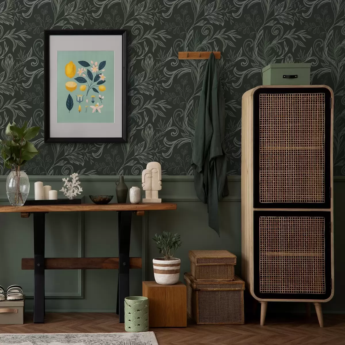 Tapeet Sügav mets, krobelised lehed kriitvalge-rohelistes toonides a00935v2