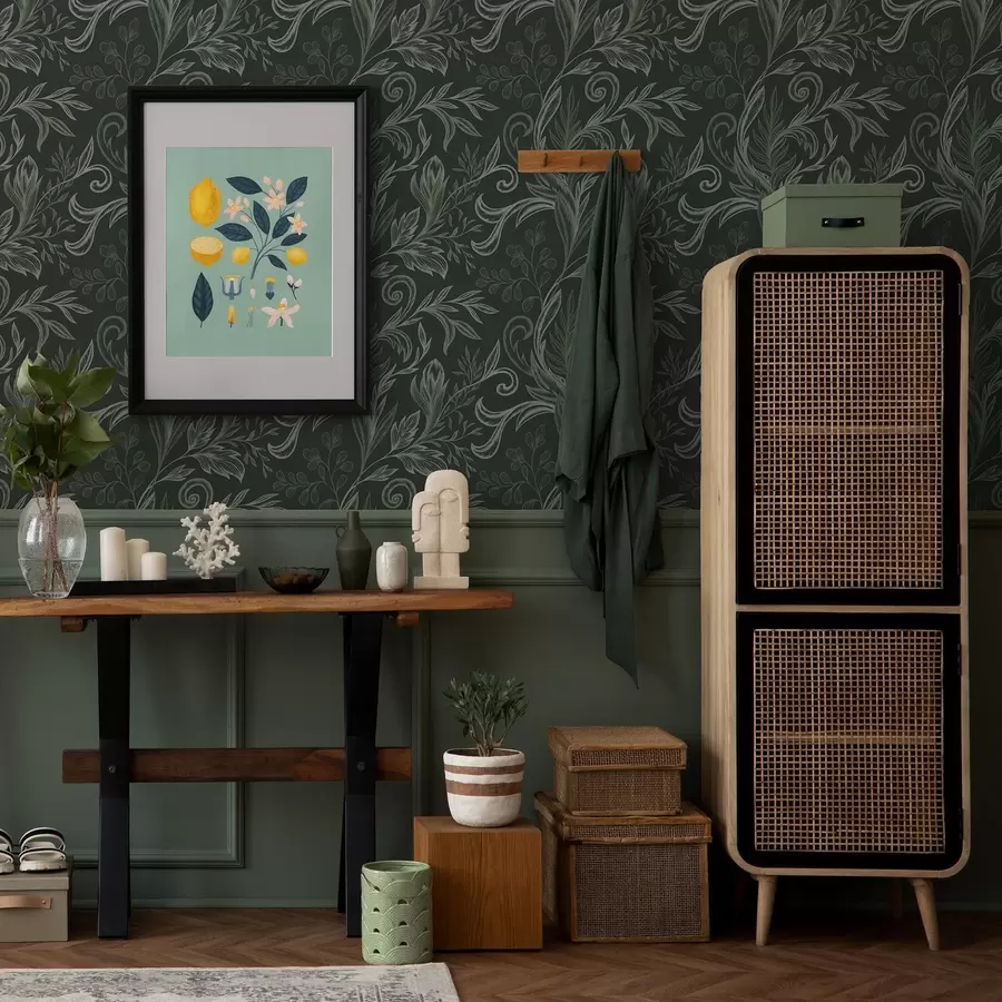 Fototapeedid Sügav mets, krobelised lehed kriitvalge-rohelistes toonides a00935v2