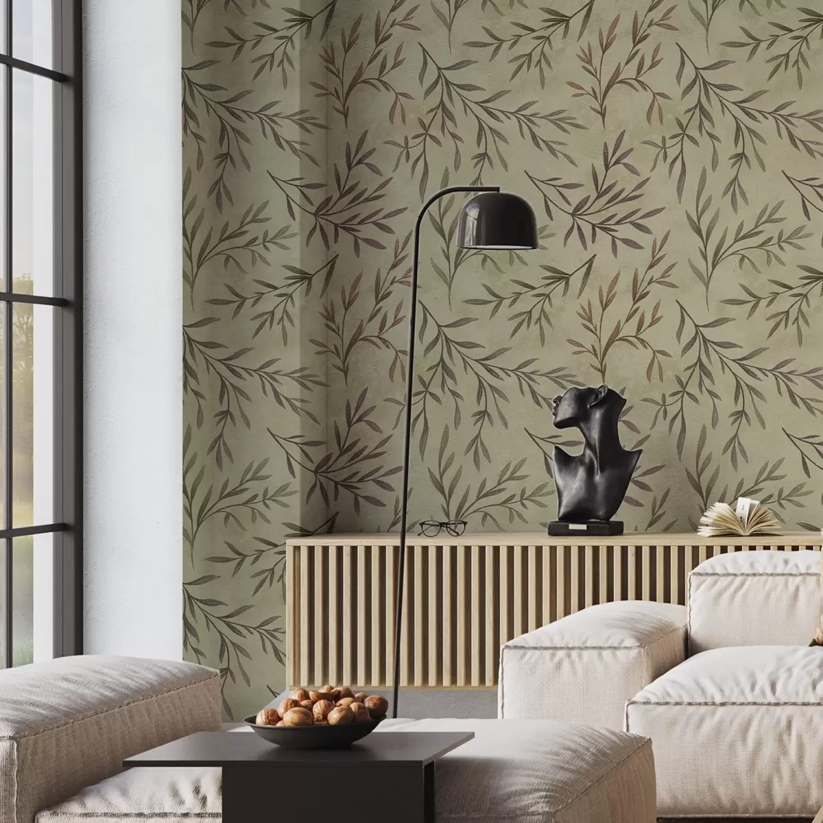 Tapeet Lilla ja rohelised oksad lehtedega soojal taustal a00936v4