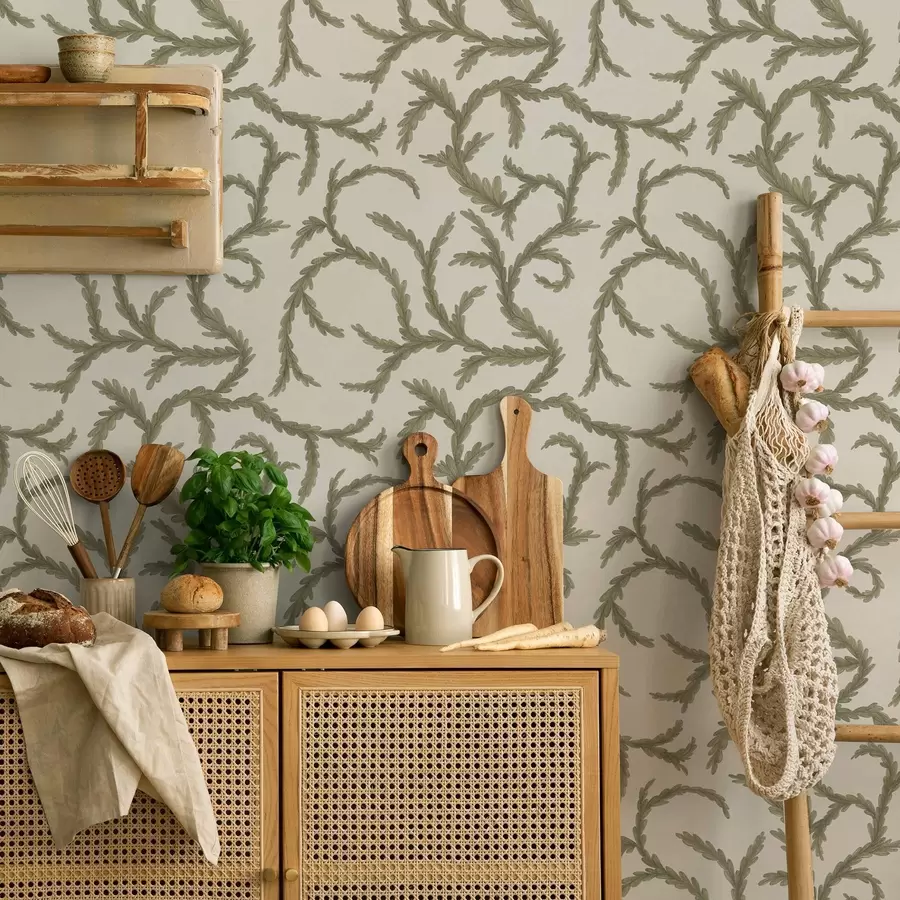 Fototapeedid Pehmed rohelised okaspuu lokid heledal taustal a00938