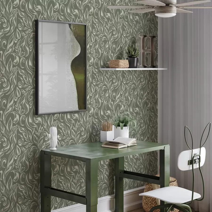 Fototapeedid Kreemikas leheornament rohekashallil taustal a00940v2