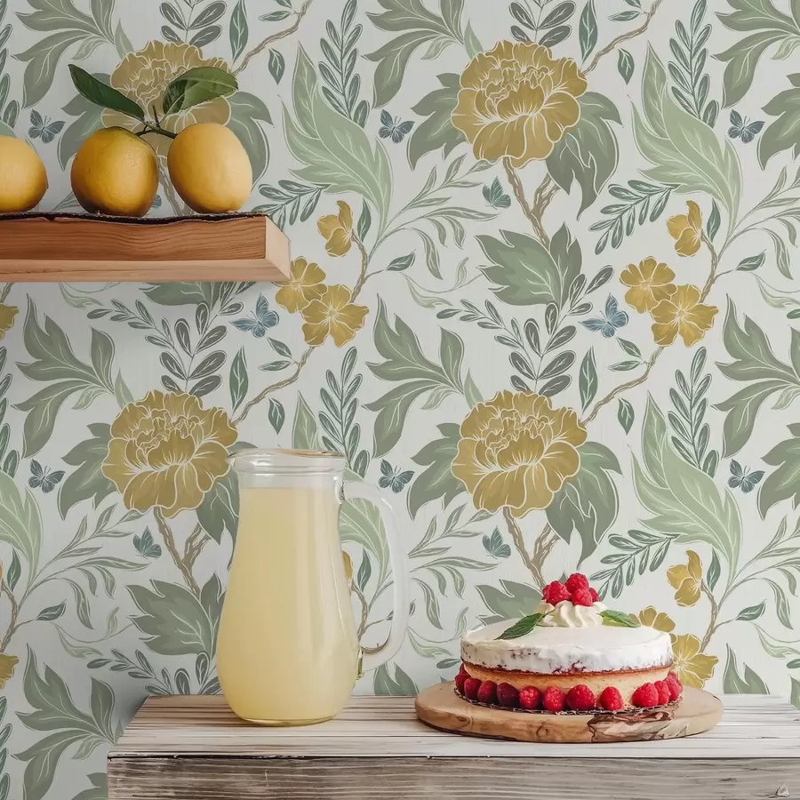 Fototapeedid Suured kollased pioonid ja rohelus heledal taustal a00941