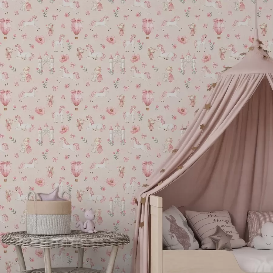 Fototapeedid Roosad ükssarvikud, väikesed tüdrukud ja loss pehme taustal a00957