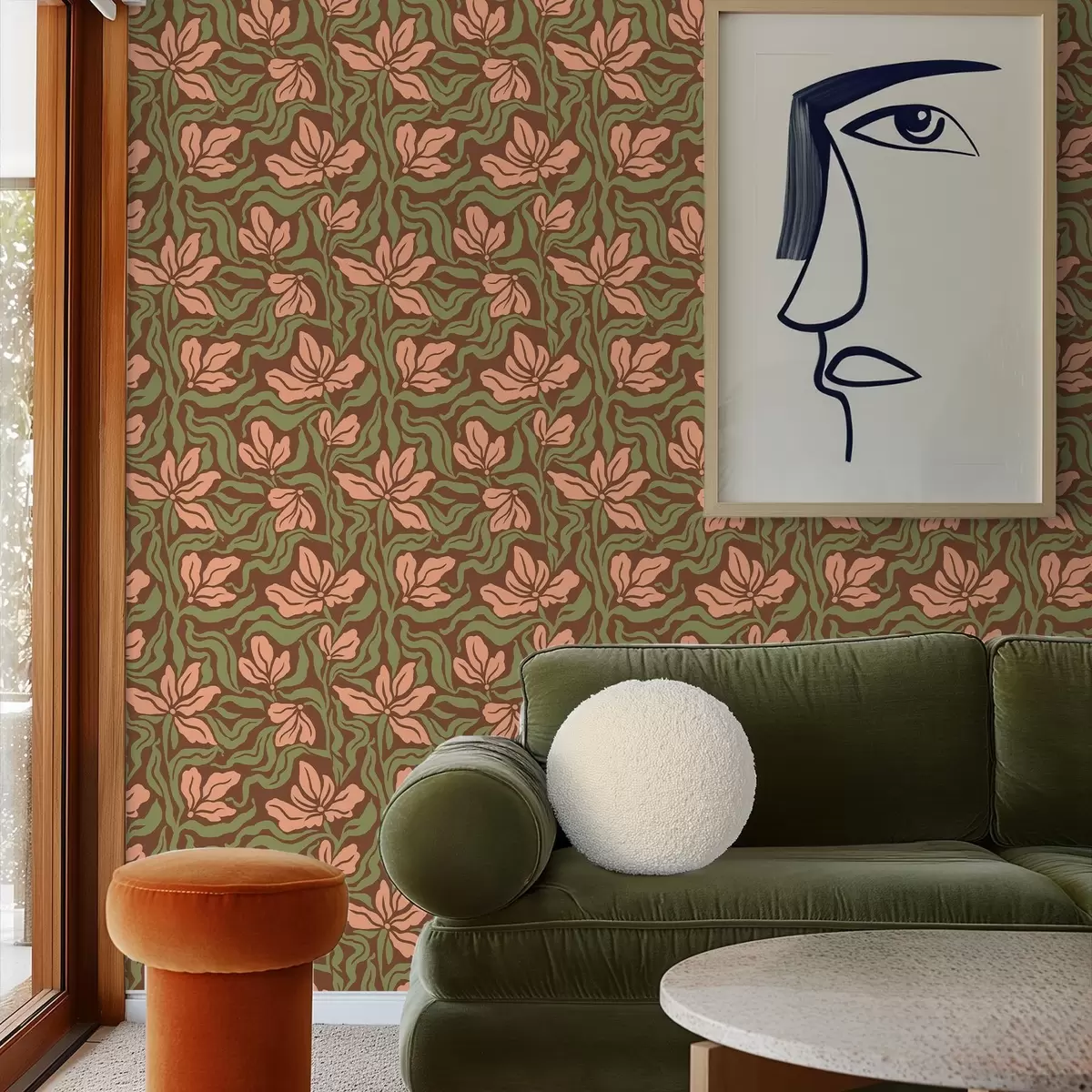 Tapeet Persikõied ja rohelus tumepruuni taustal a00958v2