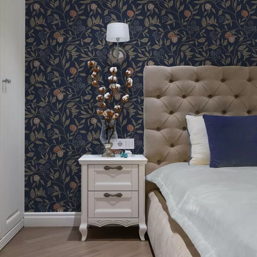 Fototapeedid Sinine aed okste, puuviljade ja pisikeste õitega a00959