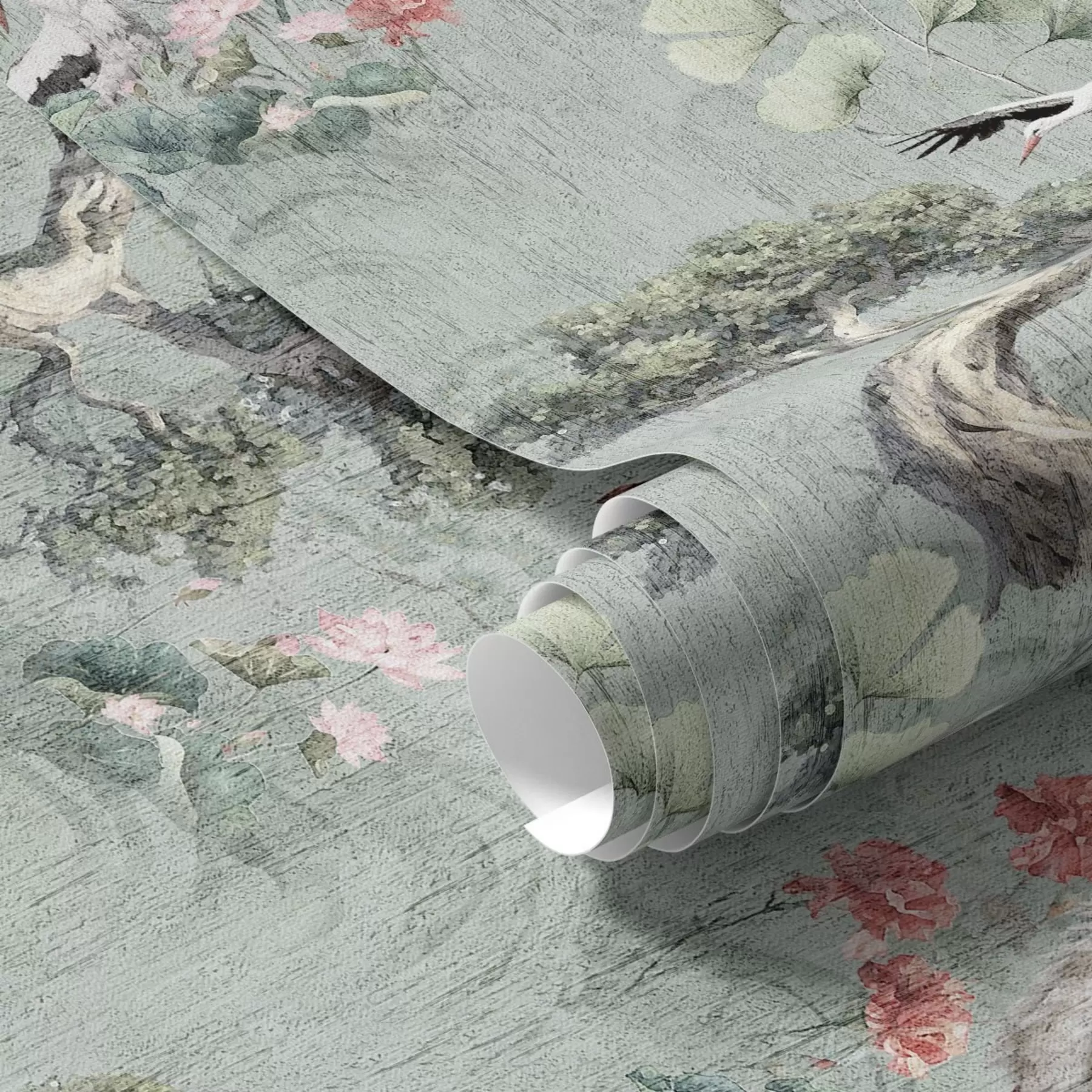 Fototapeedid Kraanad mändide ja lootose vahel rahulikul rohelisel taustal a00962