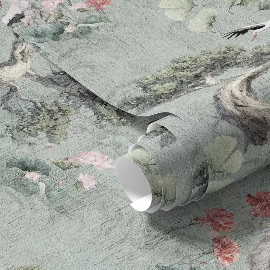 Fototapeedid Kraanad mändide ja lootose vahel rahulikul rohelisel taustal a00962