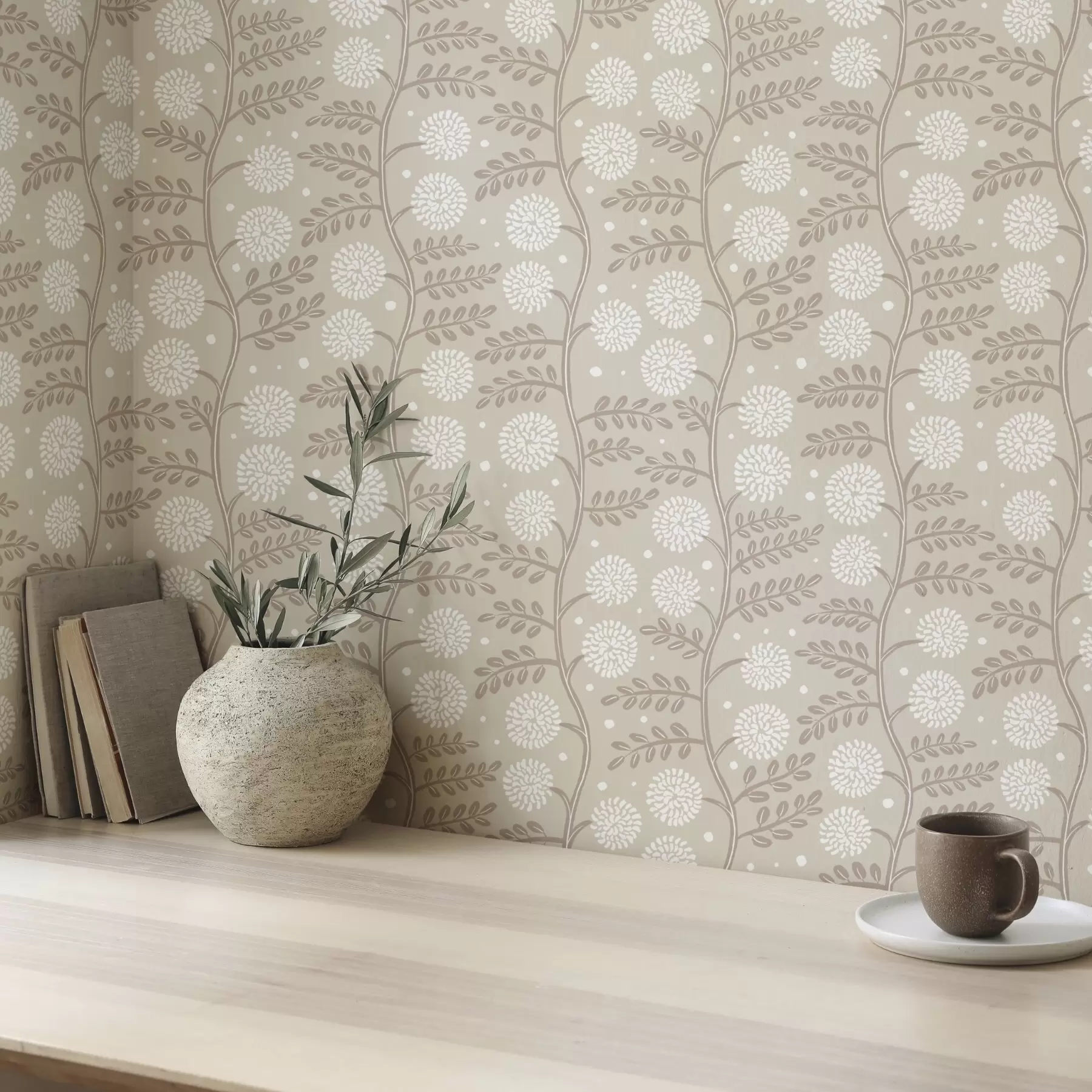 Fototapeedid Beežid varred valge kohevate õitega ja pehmetega täppidega a00997