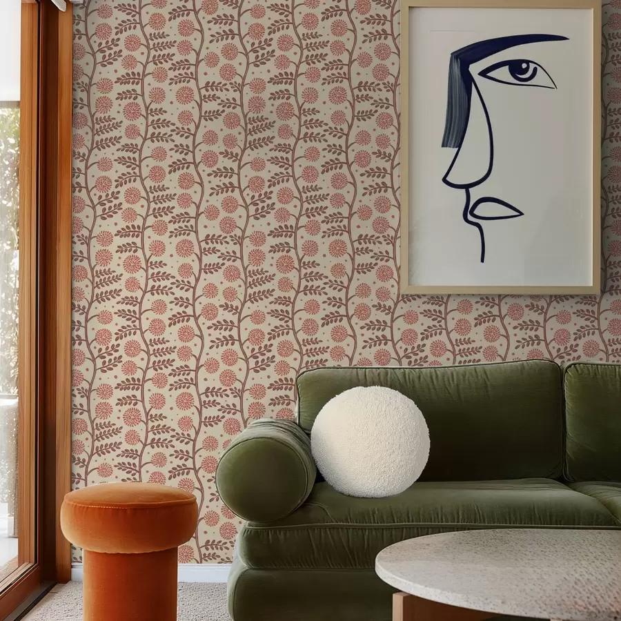 Fototapeedid Terrakotta varred kreemika taustal korallikarva kohevate õitega a00997v1