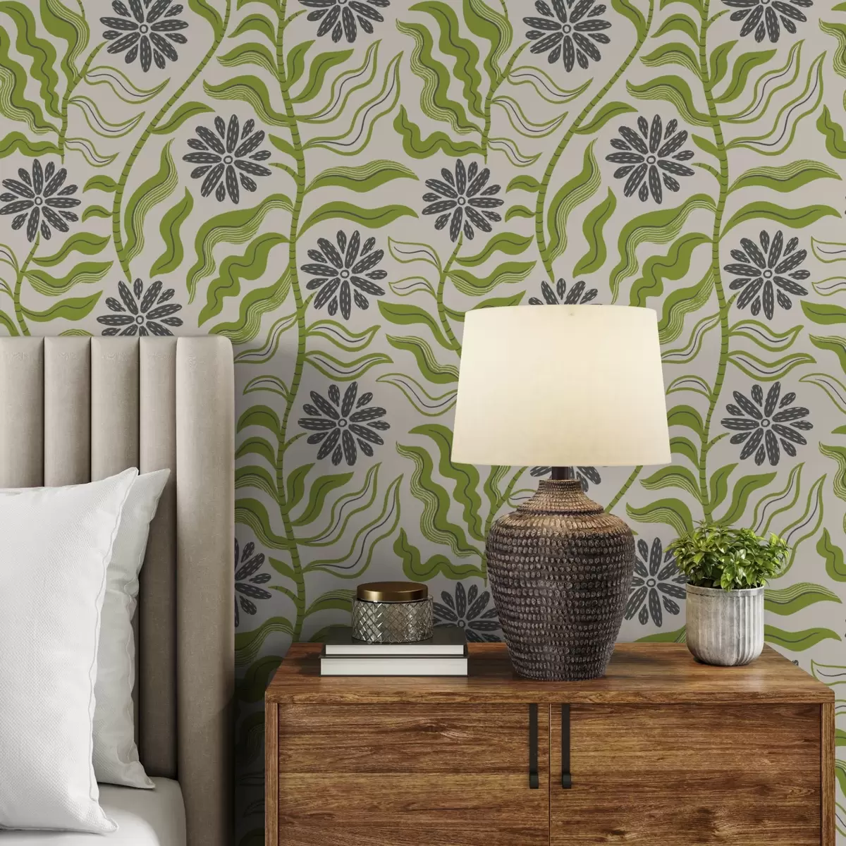 Tapeet Mängulised rohelised margariidid laineliste lehtedega kreemikal taustal a00998
