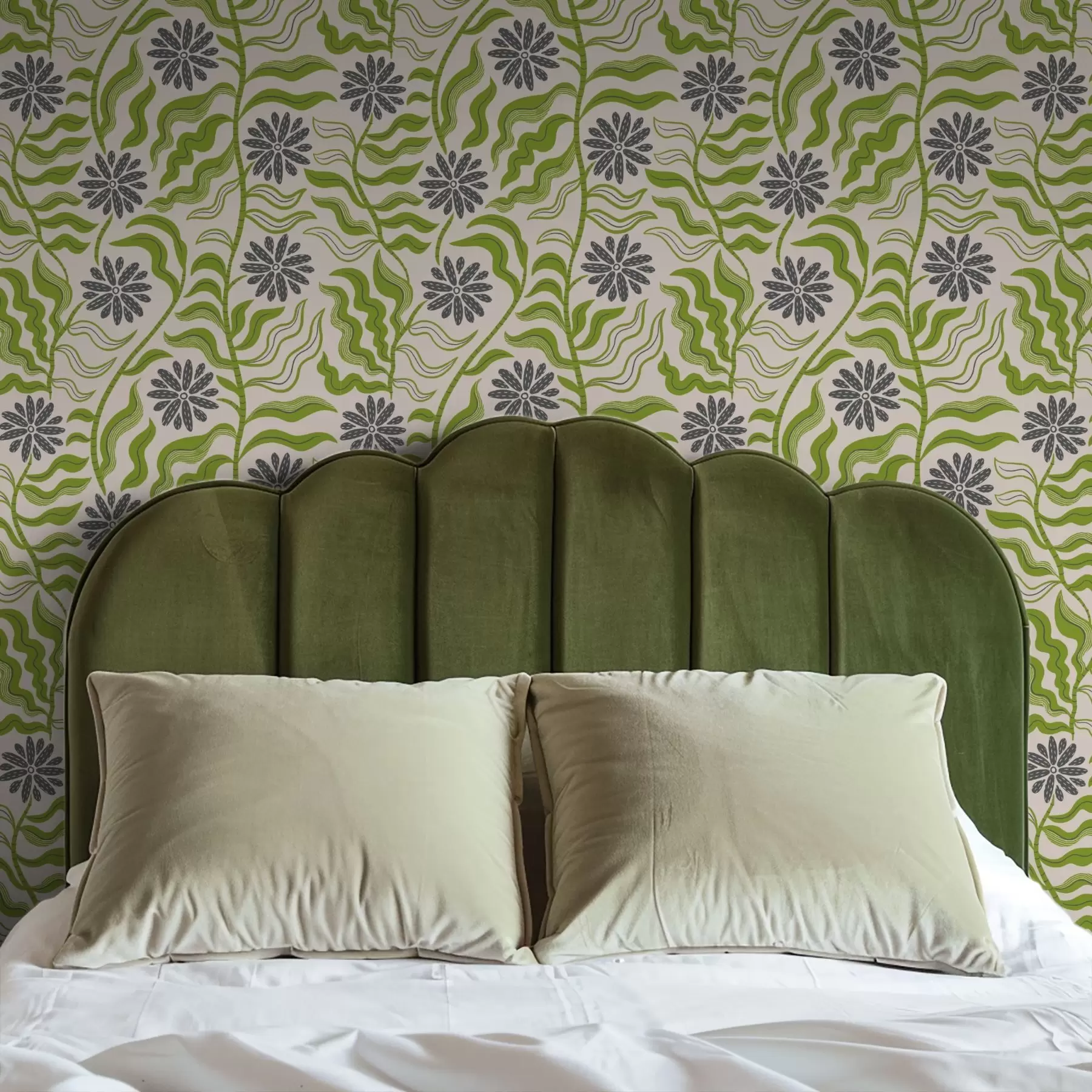 Fototapeedid Mängulised rohelised margariidid laineliste lehtedega kreemikal taustal a00998