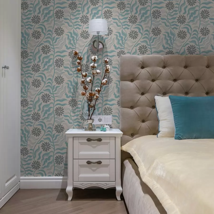 Fototapeedid Abstraktsed lilled ja lainelised lehed pehmetes sinistes toonides a00998v1