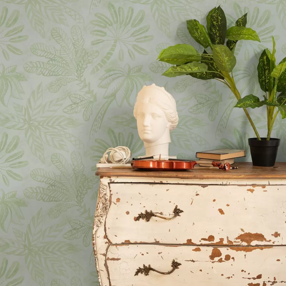 Tapeet Joonistatud troopilised lehed värsketes helerohelistes toonides a01001v1