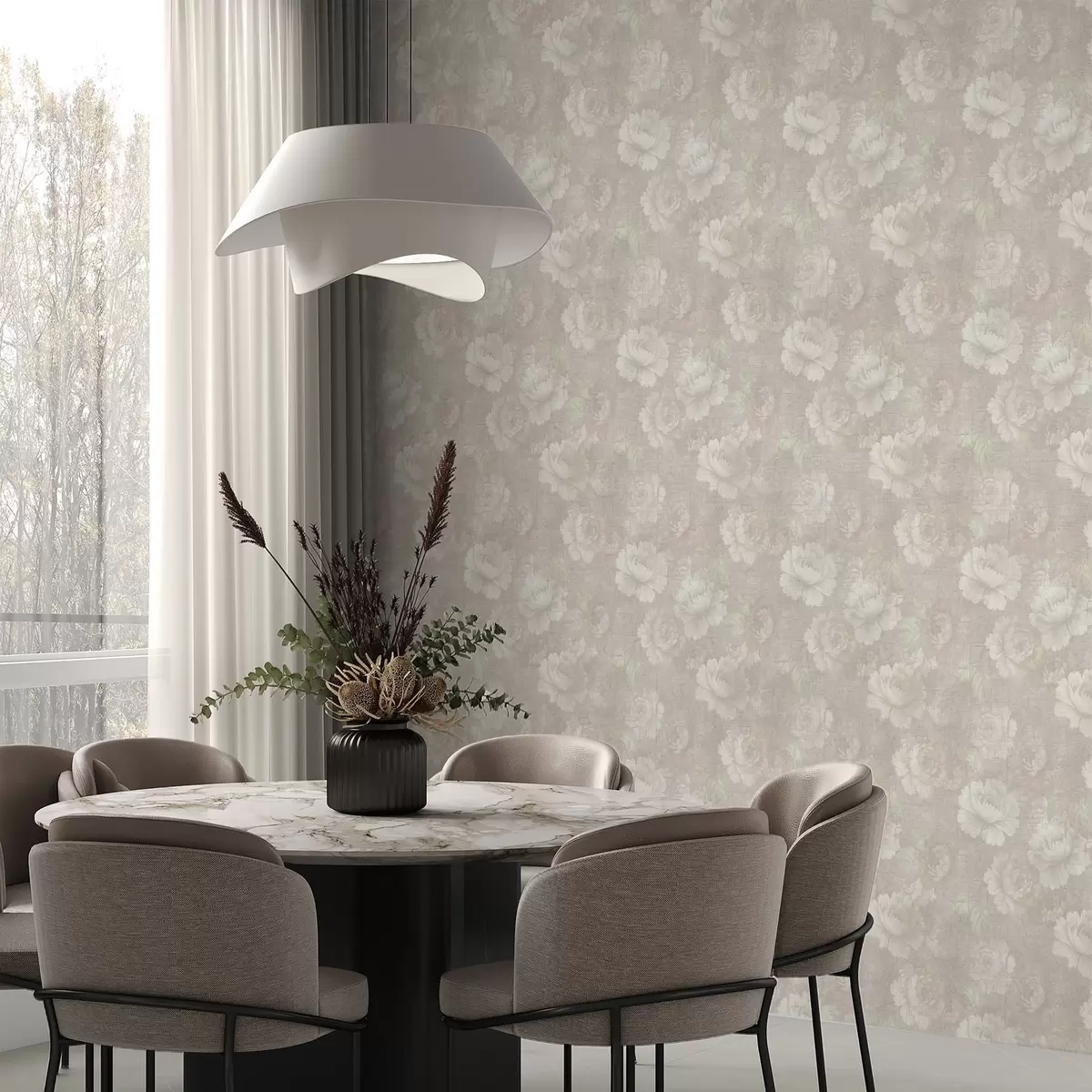 Tapeet Haalunud peonid pehme beeži värvipaleti linase tekstuuriga a01018