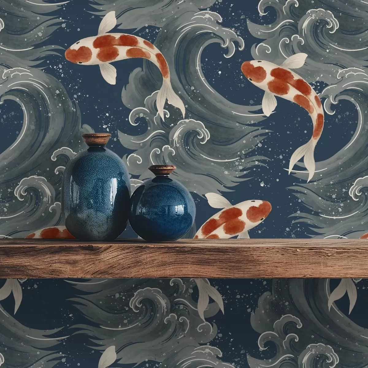 Tapeet Koi kalad ujuvad dramaatiliste ookeanilainete keskel a01019