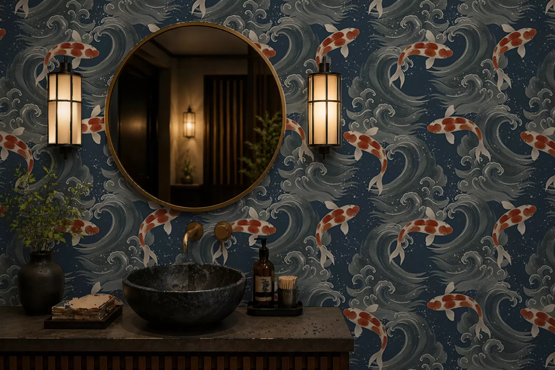 Fototapeedid Koi kalad ujuvad dramaatiliste ookeanilainete keskel a01019