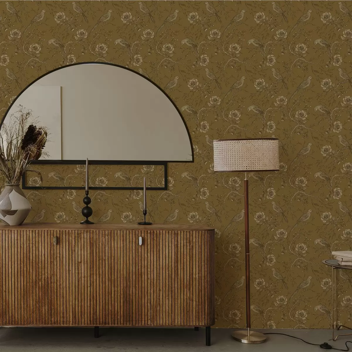 Tapeet Vintage linnud ja lilled soojal oliivirohelisel taustal a01022v1